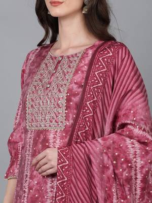 mauve color embroidered poly silk styles kurta trouser with dupatta 2