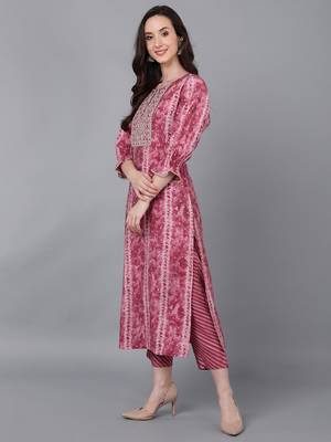 mauve color embroidered poly silk styles kurta trouser with dupatta 3