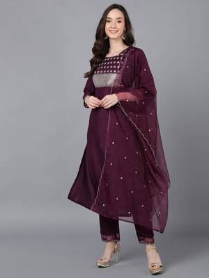 purple color embroidered poly silk styles kurta trouser with dupatta 1