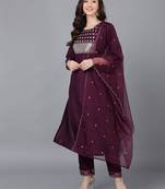 purple color embroidered poly silk styles kurta trouser with dupatta