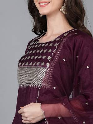 purple color embroidered poly silk styles kurta trouser with dupatta 2