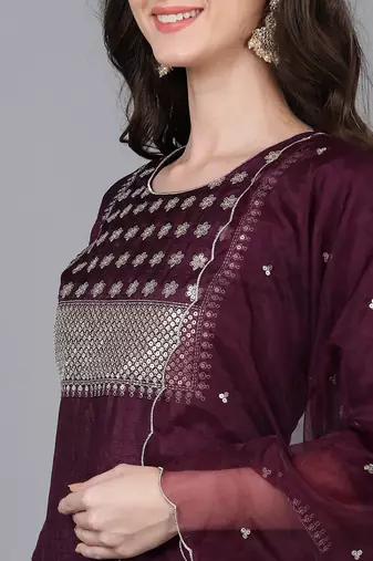 purple color embroidered poly silk styles kurta trouser with dupatta
