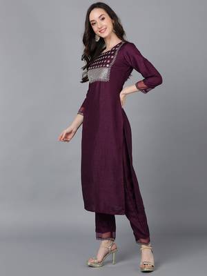 purple color embroidered poly silk styles kurta trouser with dupatta 3