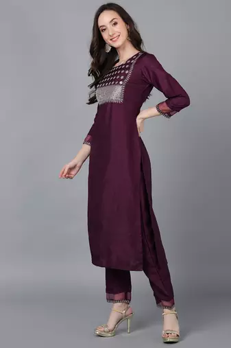 purple color embroidered poly silk styles kurta trouser with dupatta