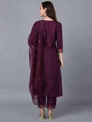 purple color embroidered poly silk styles kurta trouser with dupatta 4
