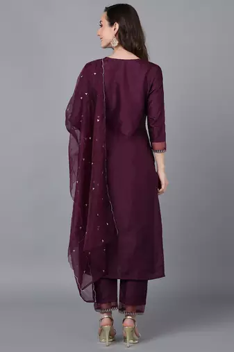 purple color embroidered poly silk styles kurta trouser with dupatta