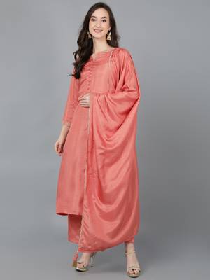 orange color solid poly silk styles kurta trouser with dupatta 1
