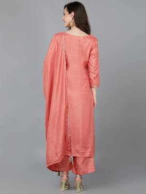 orange color solid poly silk styles kurta trouser with dupatta 4