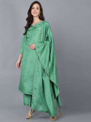 green color solid poly silk styles kurta trouser with dupatta 1