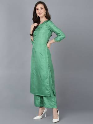 green color solid poly silk styles kurta trouser with dupatta 3