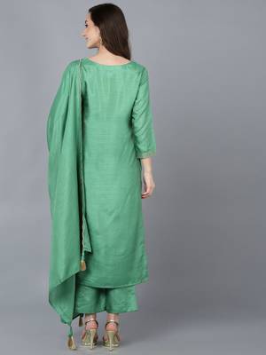 green color solid poly silk styles kurta trouser with dupatta 4