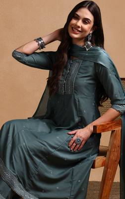 teal color printed poly silk styles kurta trouser with dupatta 1