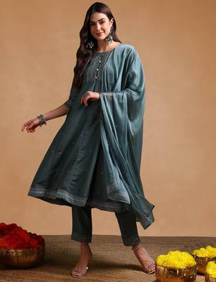 teal color printed poly silk styles kurta trouser with dupatta 2