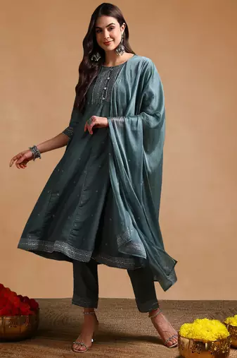 teal color printed poly silk styles kurta trouser with dupatta