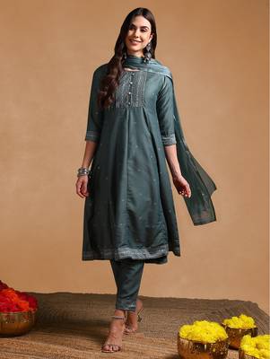 teal color printed poly silk styles kurta trouser with dupatta 3
