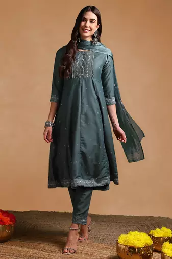 teal color printed poly silk styles kurta trouser with dupatta
