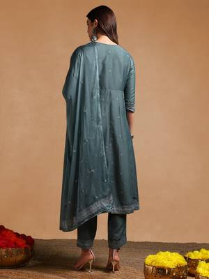 teal color printed poly silk styles kurta trouser with dupatta 4