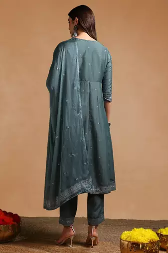 teal color printed poly silk styles kurta trouser with dupatta