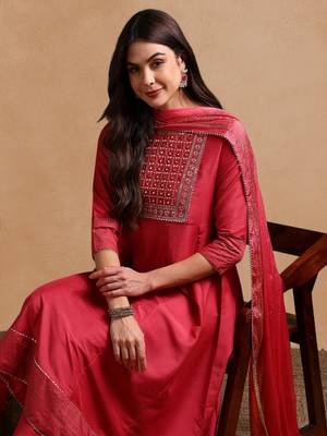 rose color embroidered poly silk styles kurta trouser with dupatta 1