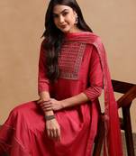 rose color embroidered poly silk styles kurta trouser with dupatta