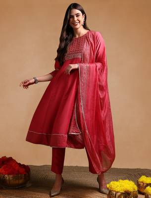 rose color embroidered poly silk styles kurta trouser with dupatta 2