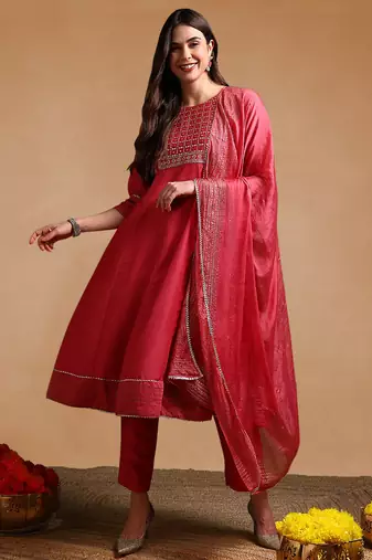 rose color embroidered poly silk styles kurta trouser with dupatta