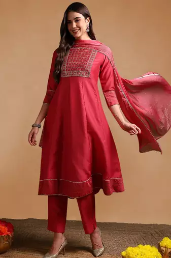 rose color embroidered poly silk styles kurta trouser with dupatta