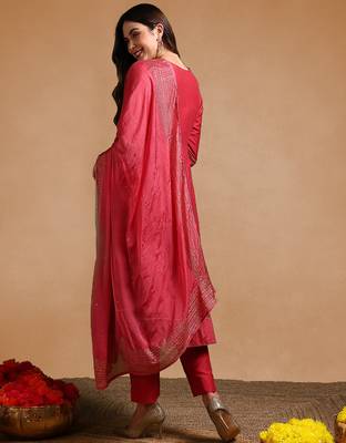 rose color embroidered poly silk styles kurta trouser with dupatta 4