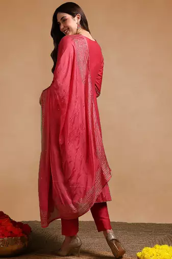 rose color embroidered poly silk styles kurta trouser with dupatta
