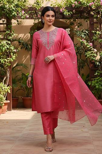 pink color embroidered poly silk styles kurta trouser with dupatta