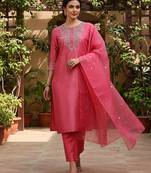 pink color embroidered poly silk styles kurta trouser with dupatta