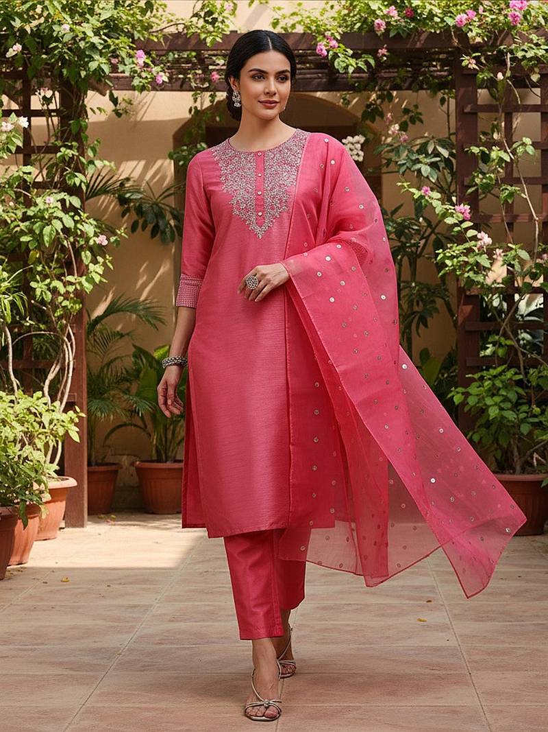 pink color embroidered poly silk styles kurta trouser with dupatta