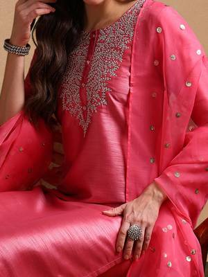 pink color embroidered poly silk styles kurta trouser with dupatta 2