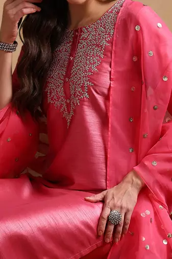 pink color embroidered poly silk styles kurta trouser with dupatta