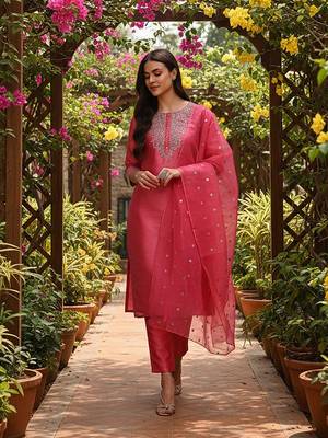 pink color embroidered poly silk styles kurta trouser with dupatta 3