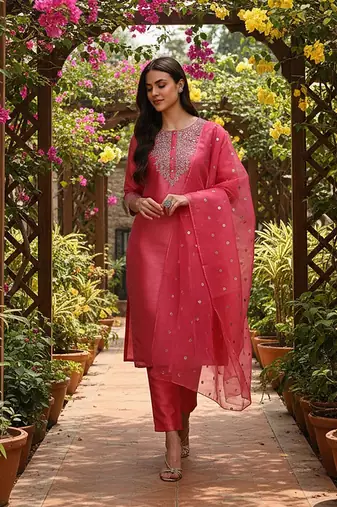 pink color embroidered poly silk styles kurta trouser with dupatta