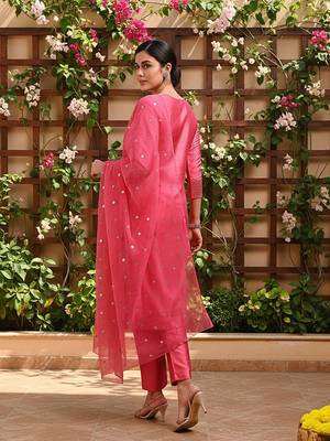 pink color embroidered poly silk styles kurta trouser with dupatta 4