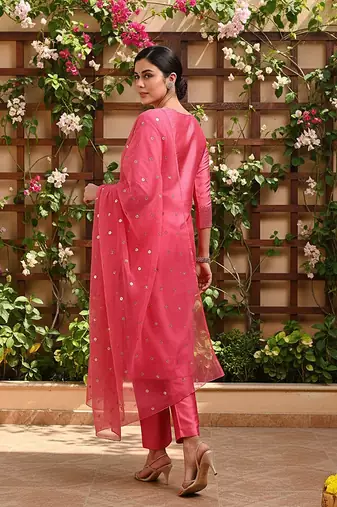 pink color embroidered poly silk styles kurta trouser with dupatta