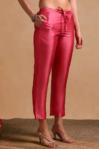 pink color embroidered poly silk styles kurta trouser with dupatta