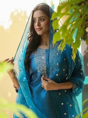 blue color embroidered poly silk styles kurta trouser with dupatta 1