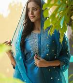 blue color embroidered poly silk styles kurta trouser with dupatta