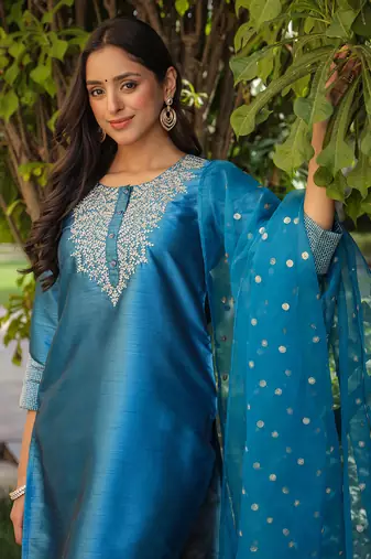 blue color embroidered poly silk styles kurta trouser with dupatta