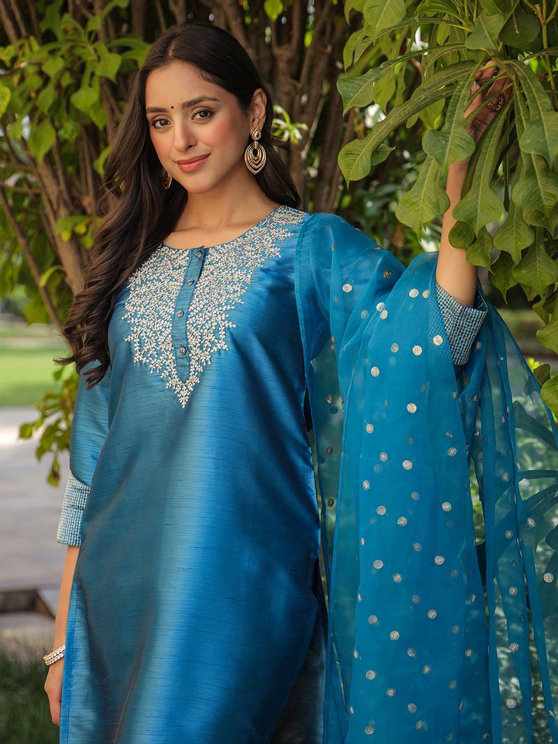 blue color embroidered poly silk styles kurta trouser with dupatta