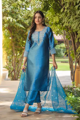 blue color embroidered poly silk styles kurta trouser with dupatta