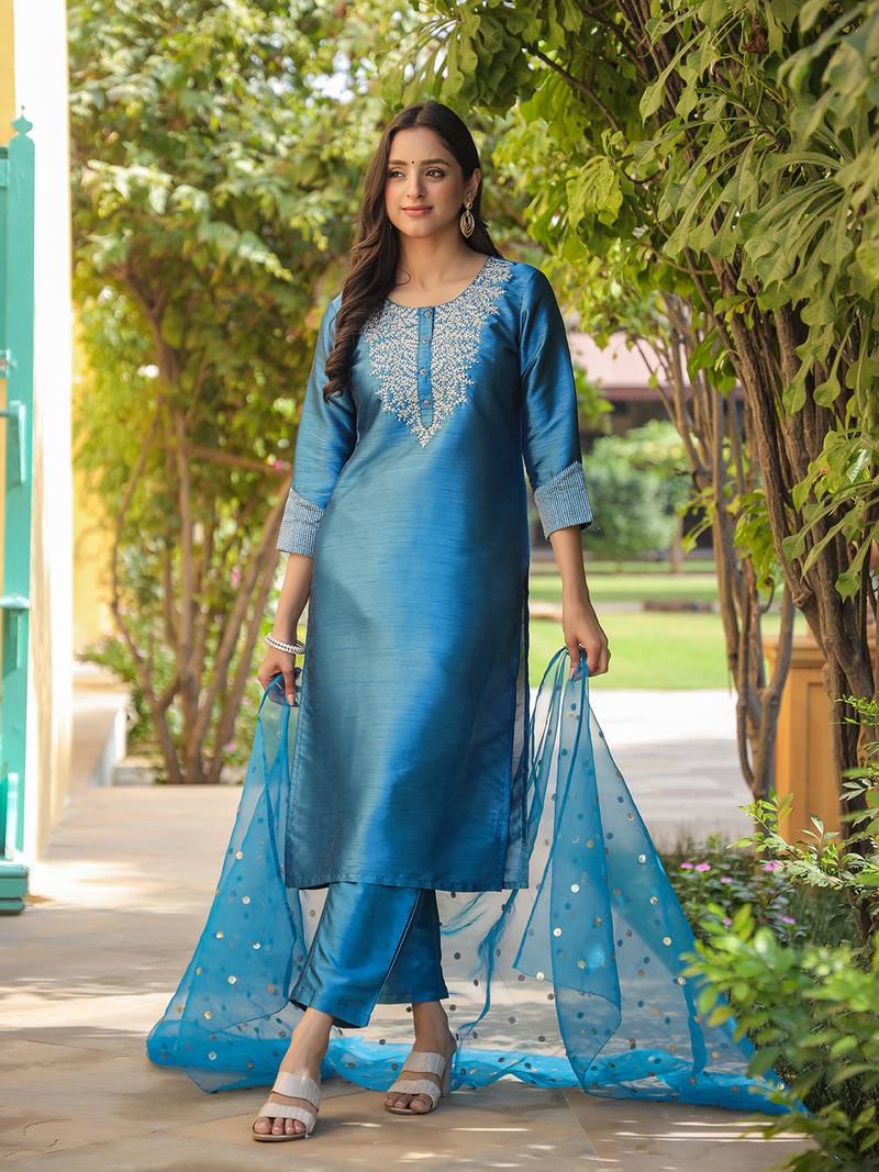 blue color embroidered poly silk styles kurta trouser with dupatta
