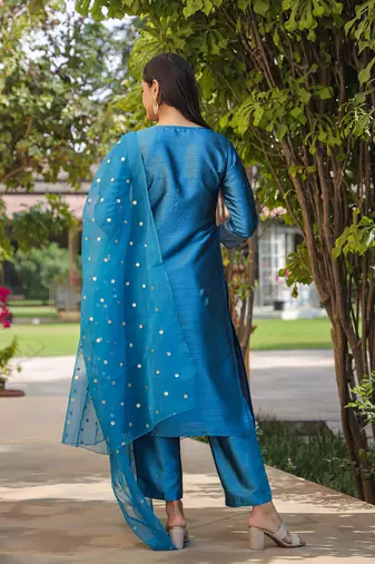 blue color embroidered poly silk styles kurta trouser with dupatta