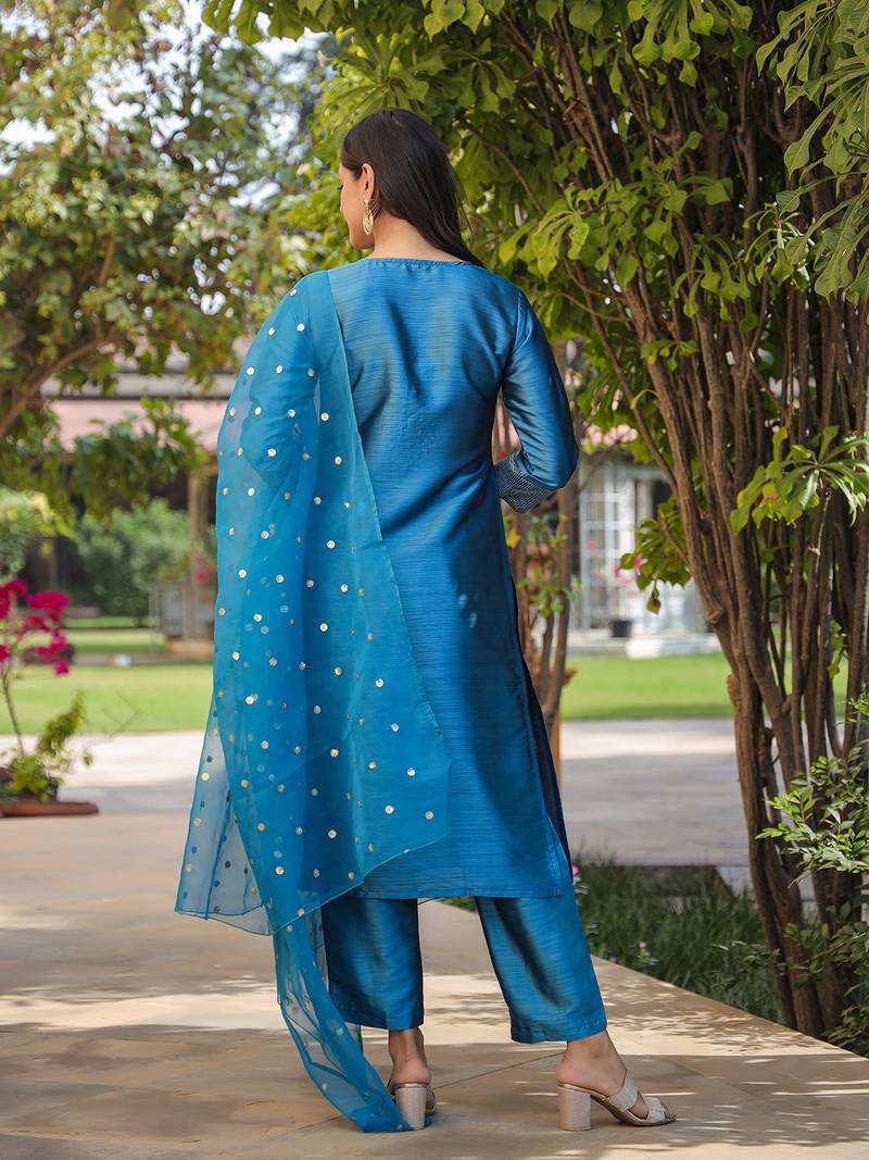 blue color embroidered poly silk styles kurta trouser with dupatta
