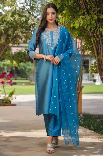blue color embroidered poly silk styles kurta trouser with dupatta