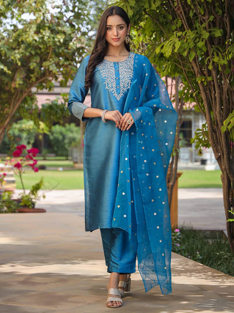blue color embroidered poly silk styles kurta trouser with dupatta