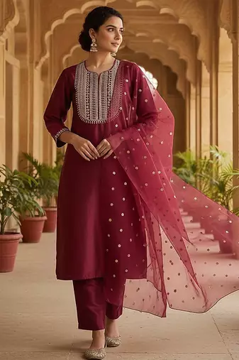 maroon color embroidered poly silk styles kurta trouser with dupatta